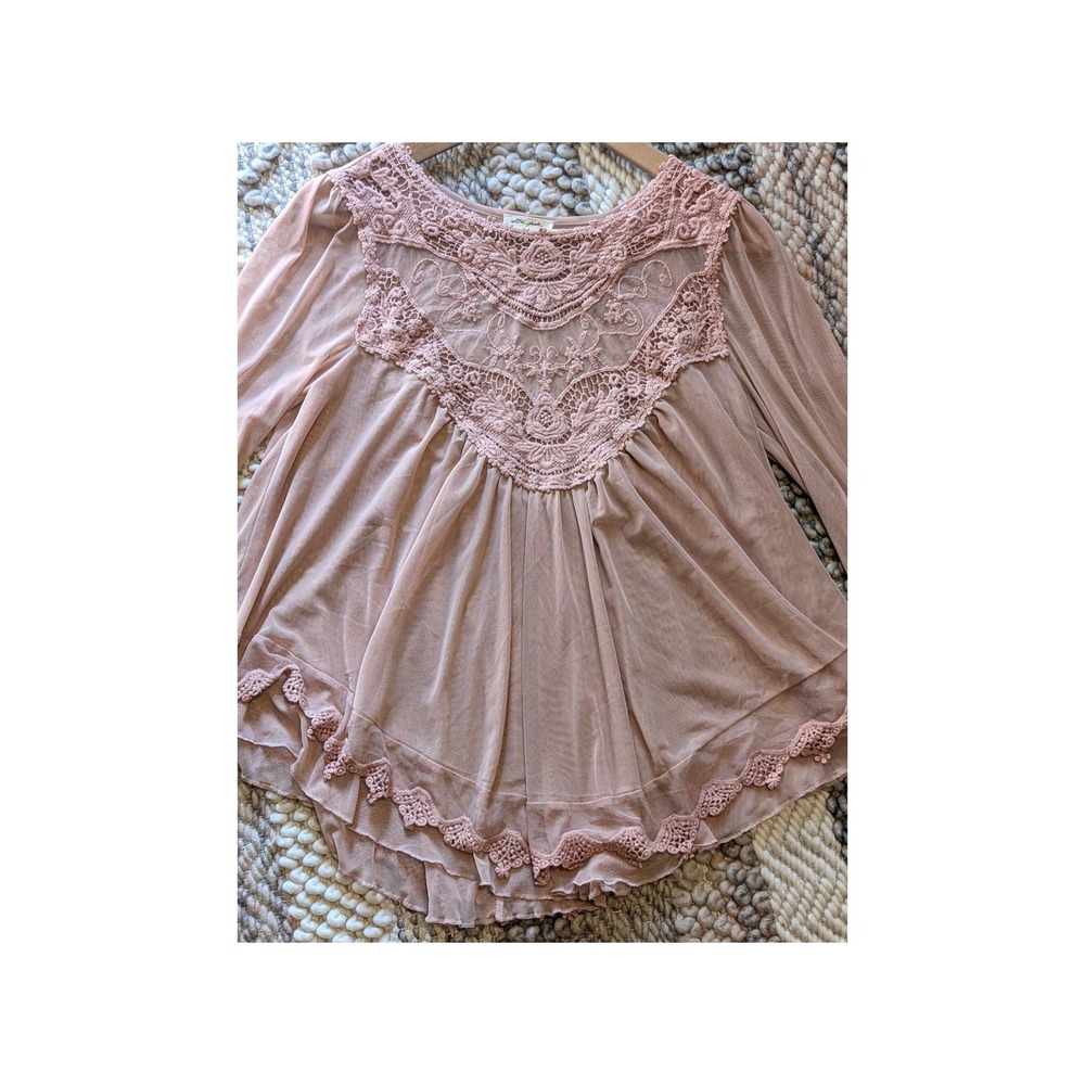 Lace Mesh Blouse S Bell Sleeve dusty rose Boho Romantic Cottagecore Babydoll Top